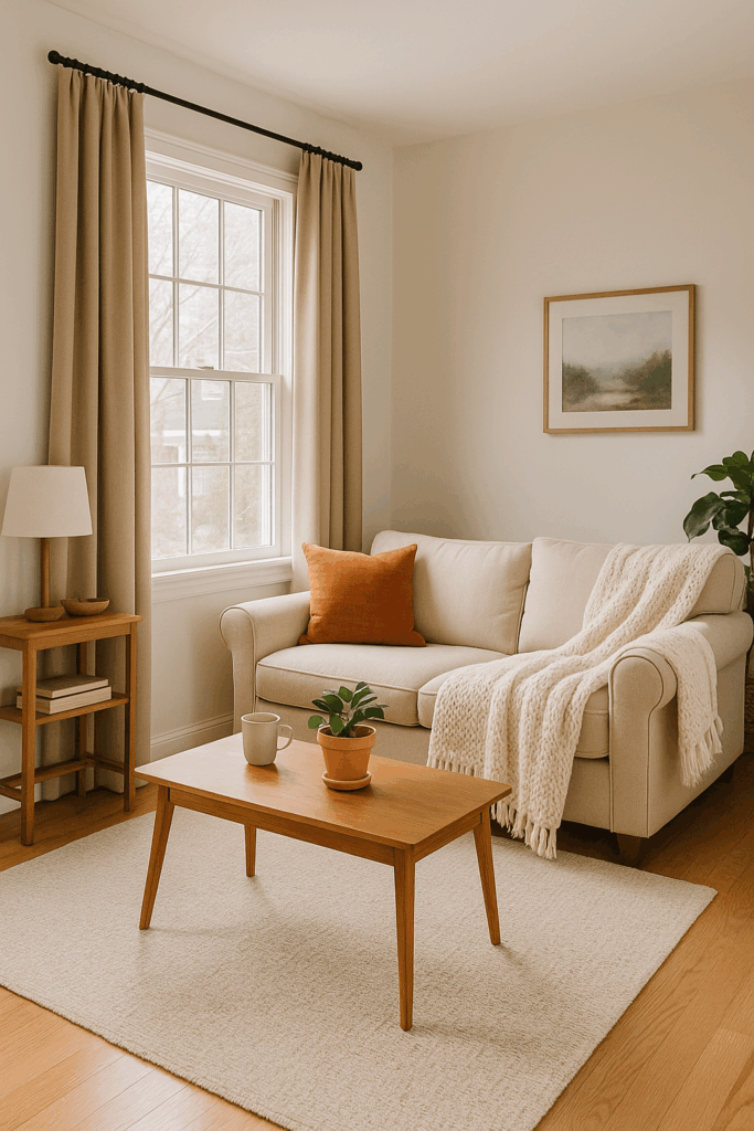 Woman in cozy sweater decluttering living room, calm atmosphere