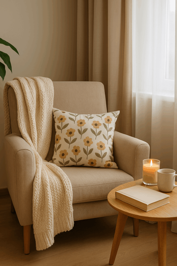 Tidy guest bedroom with folded linens and a candle